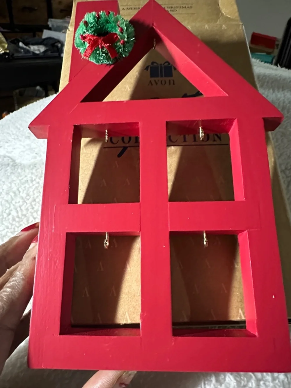 Avon Red Wooden House Ornament Display with Green Wreath Accent-Christmas